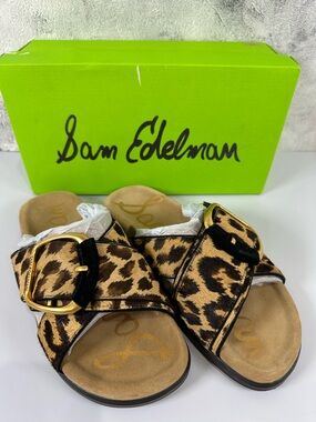 Sam Edelman Darla Slide Sandals Sz 8 Gold Buckle Leopard Print Cow Hair WORN 1X